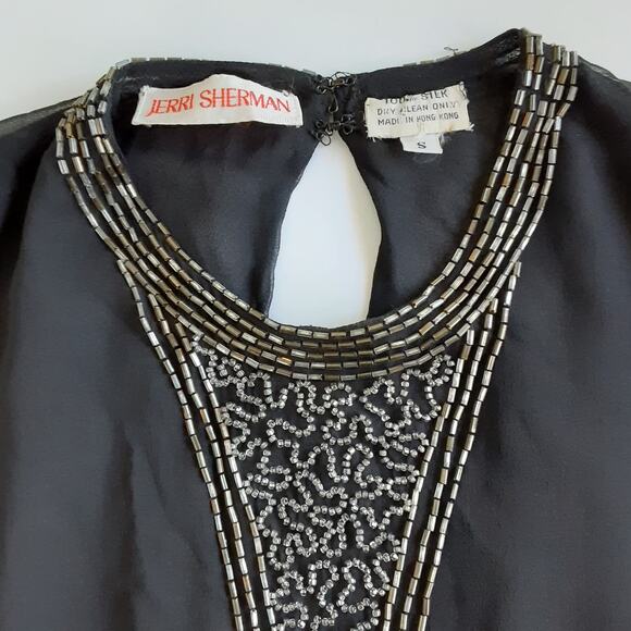 Vintage 1980s 100% Silk Tunic Blouse Black Beaded Statement Collar Long Sleeve S - Picture 8 of 16